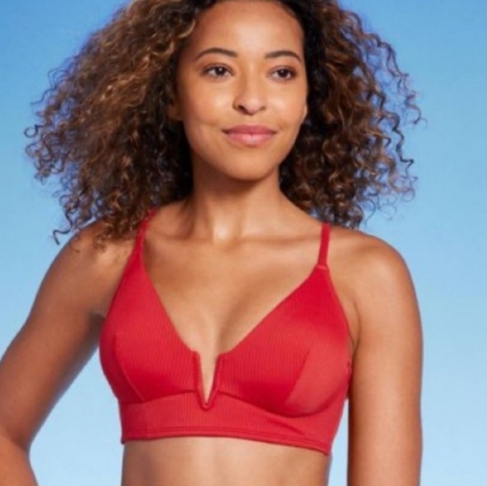 Red- Ribbed-deep v criss cross back Strappy Bikini Top-34D